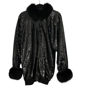 NWOT MODI Vintage Black Sequin Statement Jacket Silk & Real Fox Fur Trim Evening